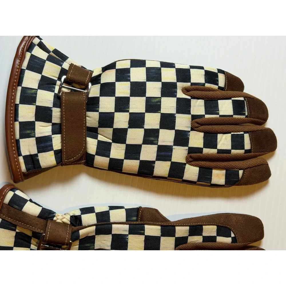 MacKenzie-Childs Courtly Check Garden Gloves Black Tan Brown Patterned One Size